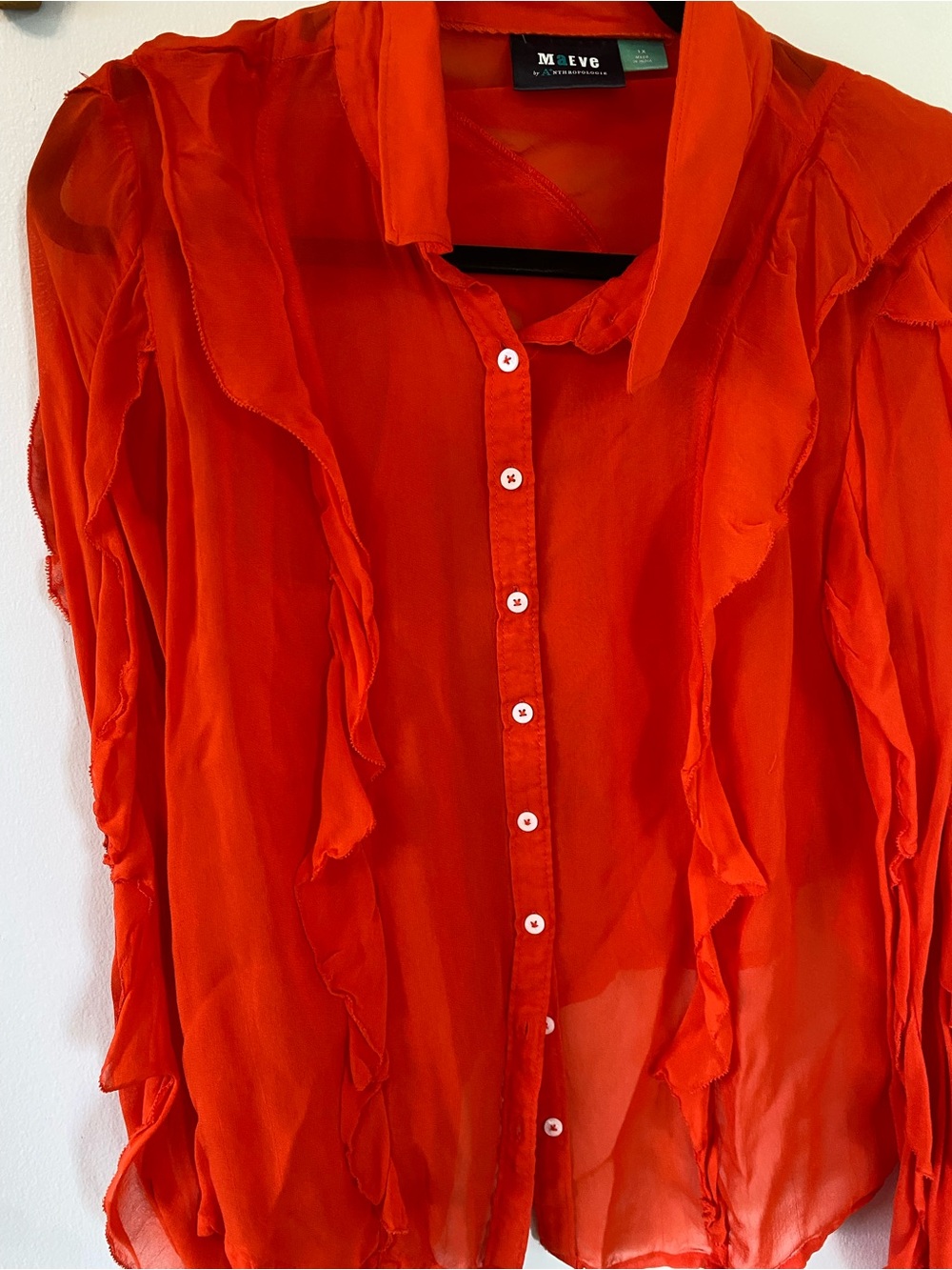 Anthropologie Maeve Sheer Ruffle Button-Up Flowy Blouse in Red/Orange - size 1x - Picture 8 of 9